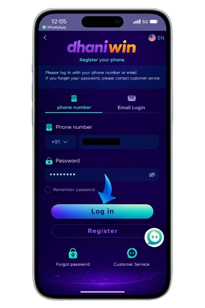 Dhani Win login screen